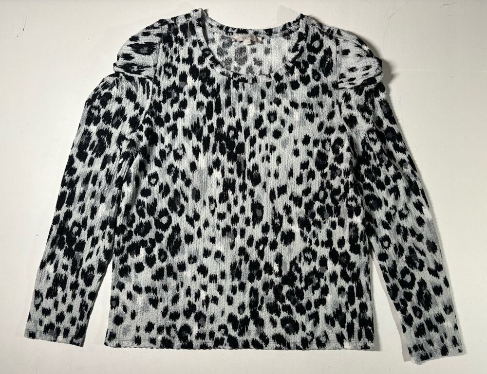 LOFT Top Size XL Gray Animal Print Shirt Long Puff Sleeve Stretch Leopard